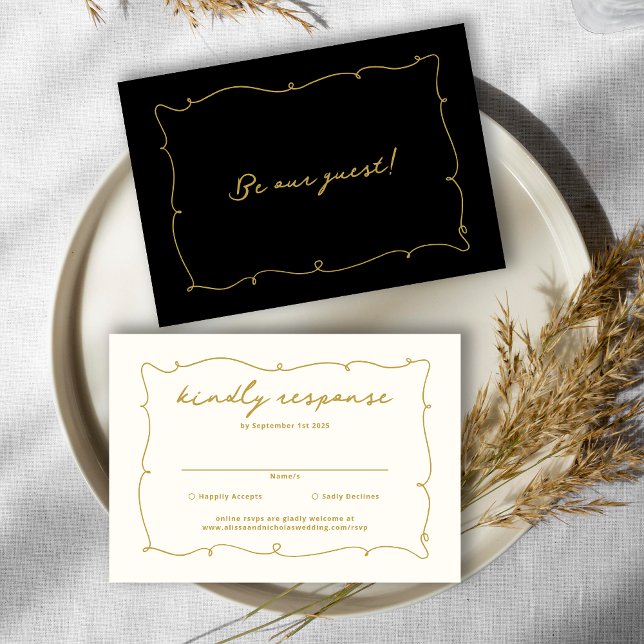 Cartão RSVP Casamento Dourado e negro primitivo Elegante Vinta (Criador carregado)