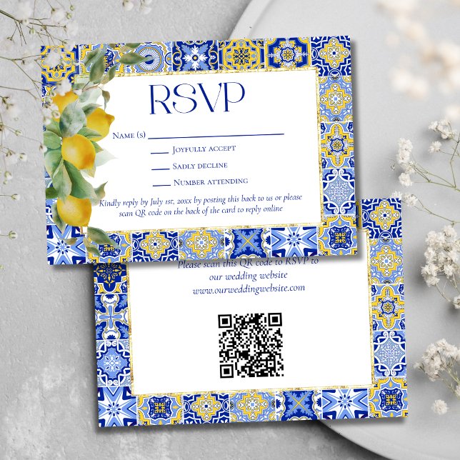 Cartão RSVP Casamento Dourado Elegante de Limão Azulejo Azul I (Criador carregado)