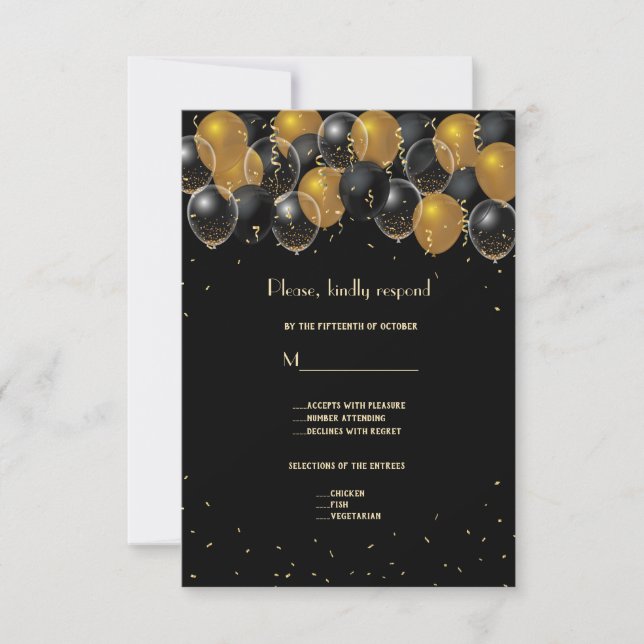 Cartão RSVP Casamento Dourado Elegante dos Balões Negros Confe (Frente)