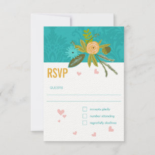 Cartão RSVP Casamento Dourado Elegante Teal Damask Turquoise R