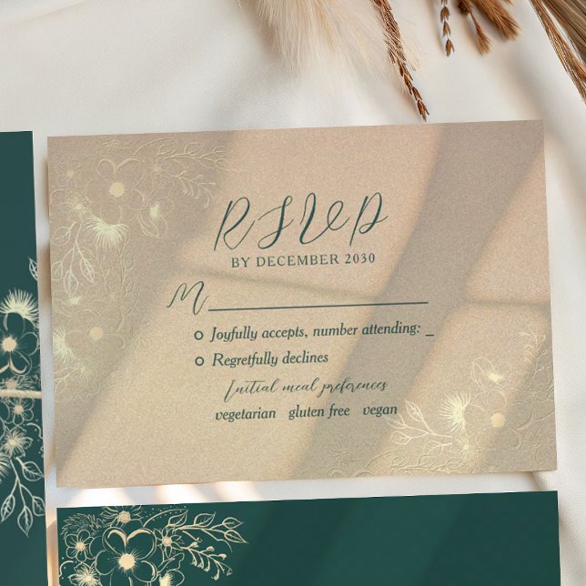 Cartão RSVP Casamento Dourado Emerald Green (Criador carregado)