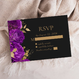Cartão RSVP Casamento Dourado Escuro Roxo Elegante