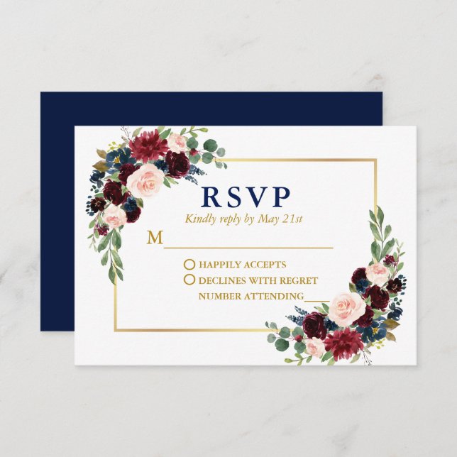Cartão RSVP Casamento Dourado Floral Azul-Borgonha Moderna Ele (Frente/Verso)