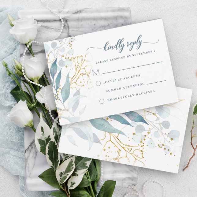 Cartão RSVP Casamento Dourado Floral Azul e Dusty, com Aquarel (Dusty blue greenery elegant watercolor botanical RSVP card with gold accents for a bohemian feel.)