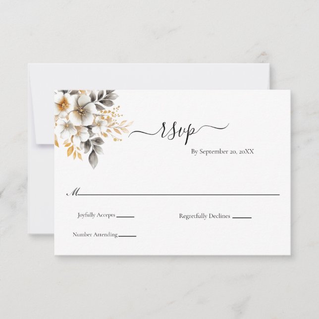 Cartão RSVP Casamento Dourado Floral Botânico Clássico (Frente)