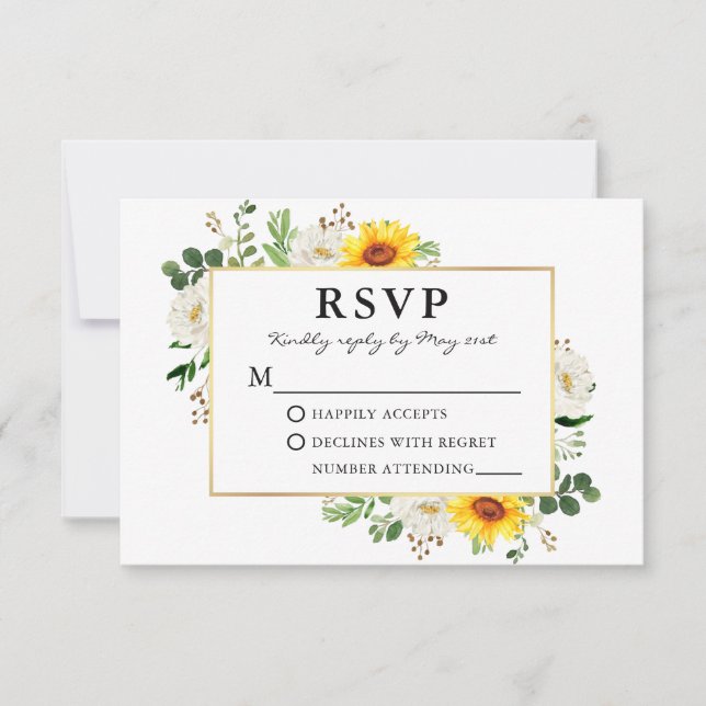 Cartão RSVP Casamento Dourado Floral Branco (Frente)