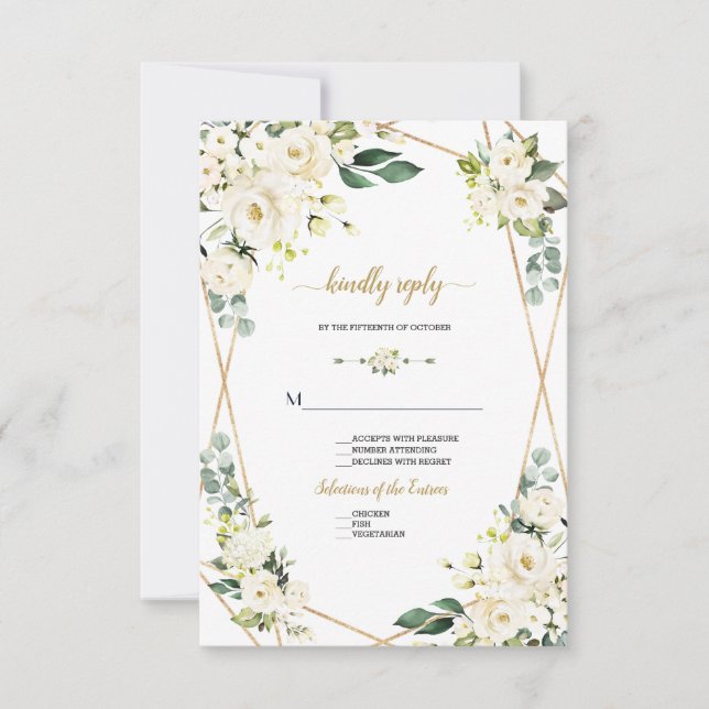 Cartão RSVP Casamento Dourado Floral Branco da Aquarela Encant (Frente)
