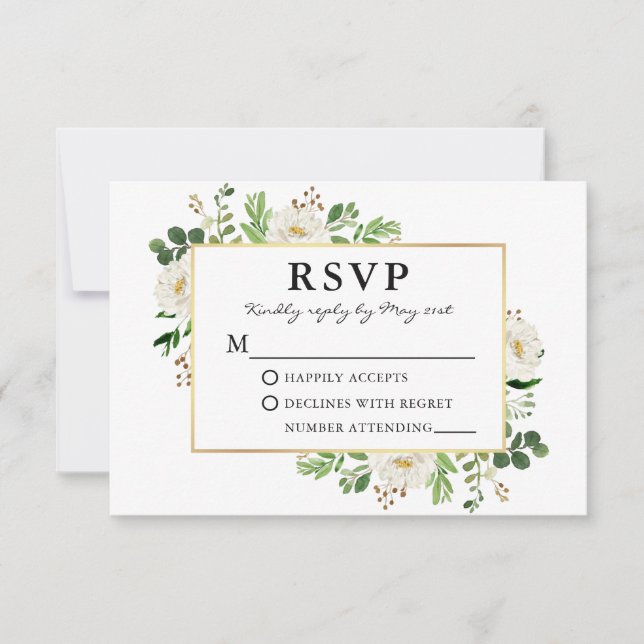 Cartão RSVP Casamento Dourado Floral Branco Verde (Frente)