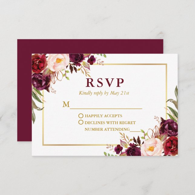 Cartão RSVP Casamento Dourado Floral da Moderna Elegante Burgu (Frente/Verso)
