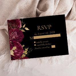 Cartão RSVP Casamento Dourado Floral de Borgonha Elegante