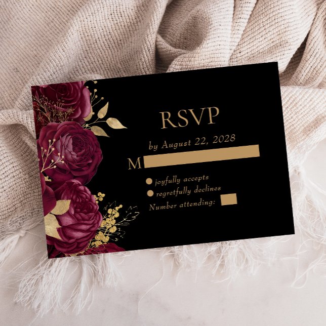 Cartão RSVP Casamento Dourado Floral de Borgonha Elegante (Criador carregado)