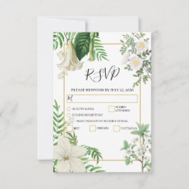 Cartão RSVP Casamento Dourado Floral de Cor Verde Branca Rústi