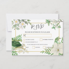Cartão RSVP Casamento Dourado Floral de Cor Verde Branca Rústi