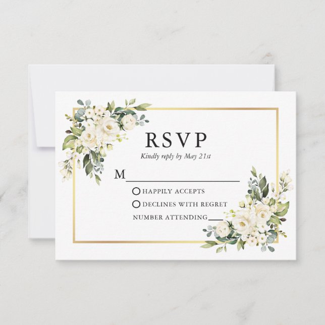 Cartão RSVP Casamento Dourado Floral de Ivory White (Frente)