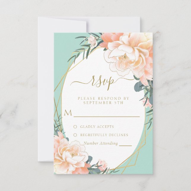 Cartão RSVP Casamento Dourado Floral de Pêssego Verde (Frente)