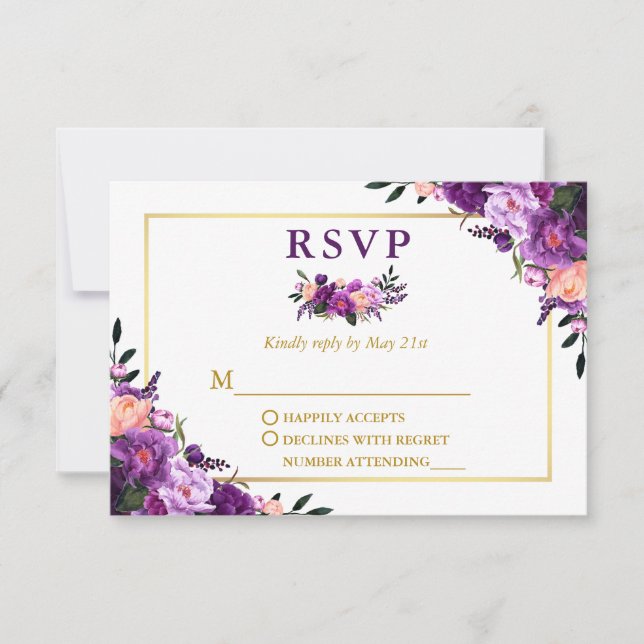 Cartão RSVP Casamento Dourado Floral de Púrpura de Aquarela El (Frente)