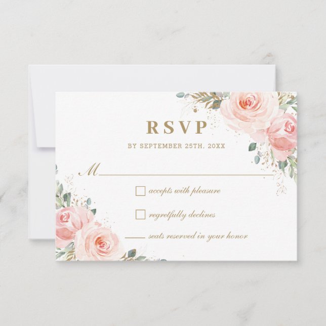 Cartão RSVP Casamento Dourado Floral de Rosas Rosa-Blush Chic (Frente)