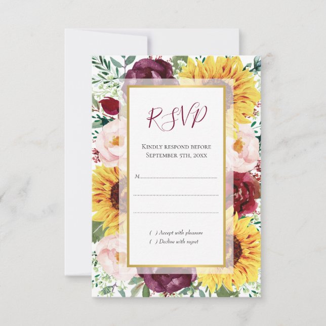 Cartão RSVP Casamento Dourado Floral de Sunflower Burgundy (Frente)