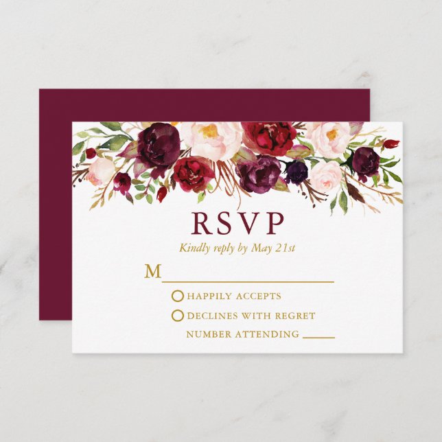Cartão RSVP Casamento Dourado Floral de Watercolor Burgundy (Frente/Verso)