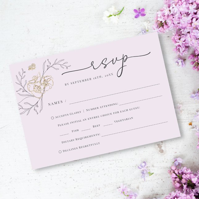 Cartão RSVP Casamento Dourado Floral Lilac de Linha Elegante S (Criador carregado)