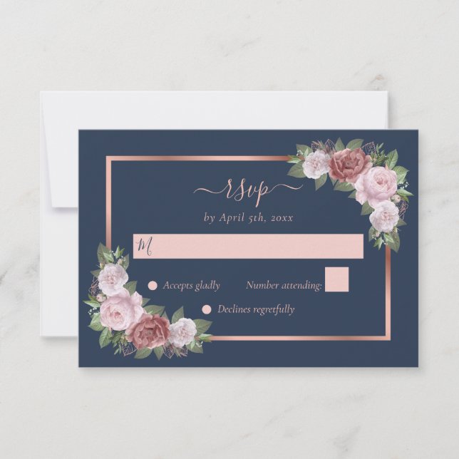 Cartão RSVP Casamento Dourado Floral Rosa Blush Azul-Marinho E (Frente)