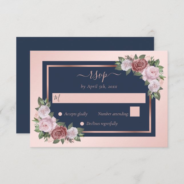 Cartão RSVP Casamento Dourado Floral Rosa Blush Azul-Marinho E (Frente/Verso)