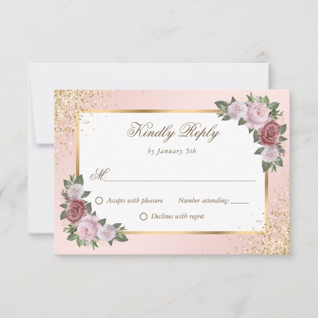 Cartão RSVP Casamento Dourado Floral Rosa-Blush Elegante (Frente)