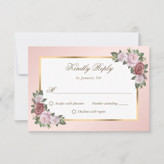 Cartão RSVP Casamento Dourado Floral Rosa-Blush Elegante (Frente)