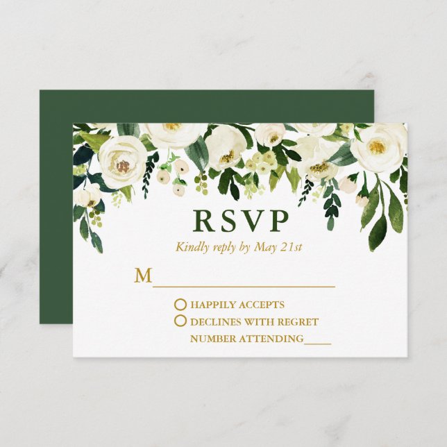 Cartão RSVP Casamento Dourado Floral Verde Moderno em Watercol (Frente/Verso)