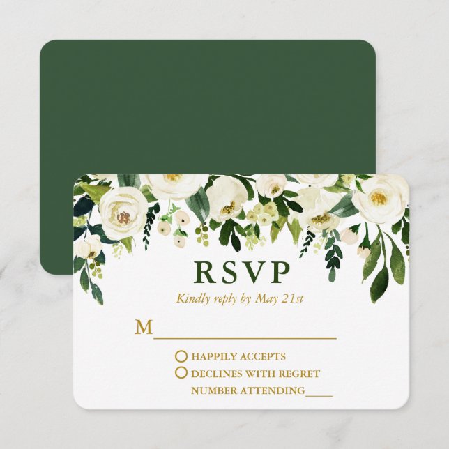 Cartão RSVP Casamento Dourado Floral Verde Moderno em Watercol (Frente/Verso)