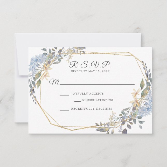 Cartão RSVP Casamento Dourado Geométrico Azul (Frente)