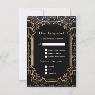 Cartão RSVP Casamento Dourado Grande Gatsby Preto Art Déco Ano