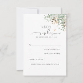 Cartão RSVP Casamento Dourado Greenery e Eucalyptus Foliage