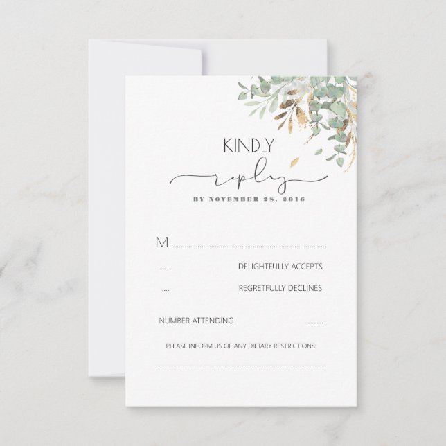 Cartão RSVP Casamento Dourado Greenery e Eucalyptus Foliage (Frente)