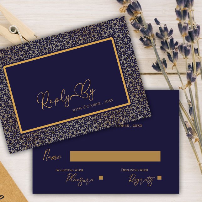 Cartão RSVP Casamento Dourado Intriciado Real Elegante (Elegant Royal Blue Gold Intricate Design Wedding RSVP Card)