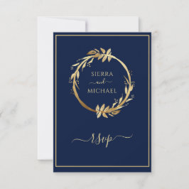 Cartão RSVP Casamento Dourado Marinho Azul Eucalyptus Foliage