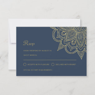 Cartão RSVP Casamento Dourado Mehndi Azul Elegante Indiano de 