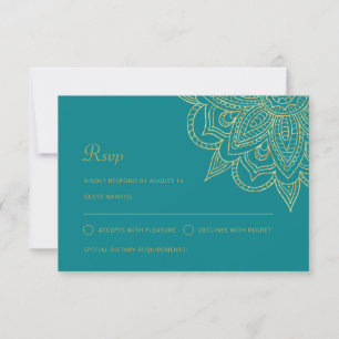 Cartão RSVP Casamento Dourado Mehndi, Elegante Indiano de Luxo