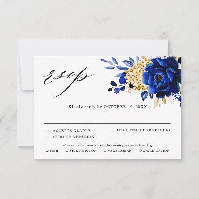 Cartão RSVP Casamento Dourado Metálico Real Azul Amarelo (Frente)