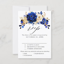 Cartão RSVP Casamento Dourado Metálico Real Azul Amarelo