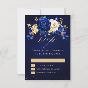Cartão RSVP Casamento Dourado Metálico Real Azul Amarelo RSV