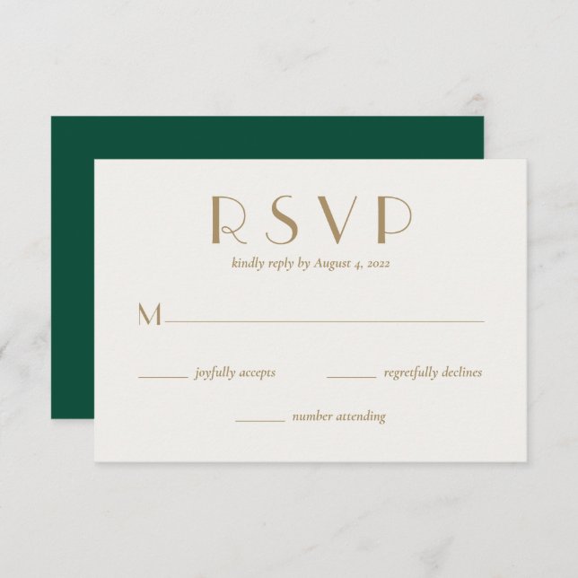 Cartão RSVP Casamento Dourado Mínimo e Moderno Emerald Green (Frente/Verso)