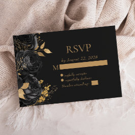 Cartão RSVP Casamento Dourado Negro Floral Negro Elegante