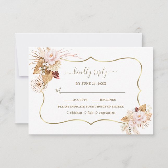 Cartão RSVP Casamento Dourado Pampas Rosas de Blush de Aquarel (Frente)