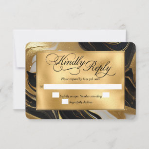 Cartão RSVP Casamento Dourado, preto e branco marmoreado Elega