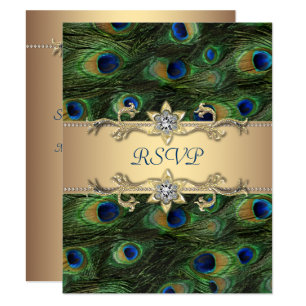 Cartão RSVP Casamento Dourado Real de Peacock Indiano Emerald 