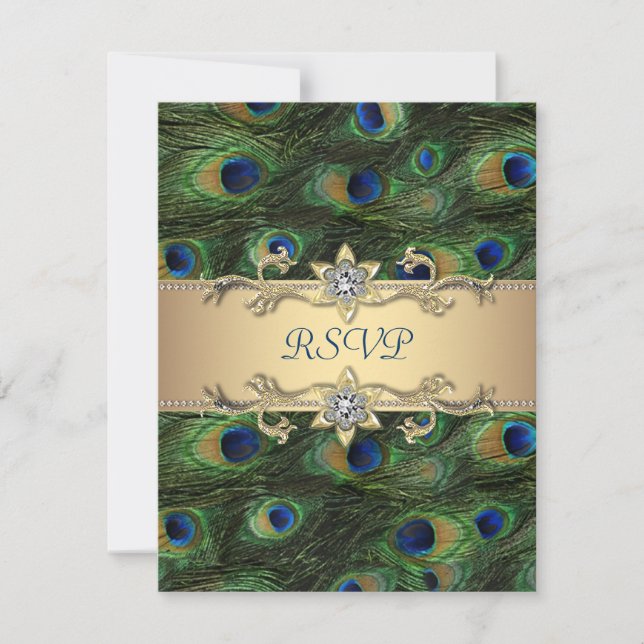 Cartão RSVP Casamento Dourado Real de Peacock Indiano Emerald  (Frente)