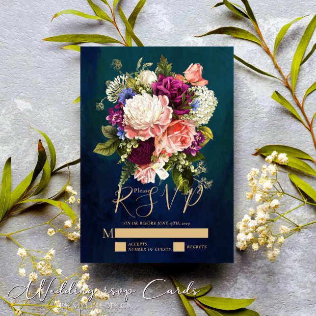 Cartão RSVP Casamento Dourado Romântico do Buquê Floral Emeral (Criador carregado)