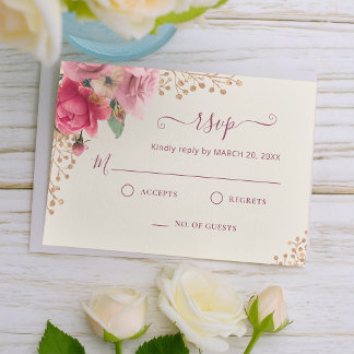 Cartão RSVP Casamento Dourado Romântico Floral Cor-de-Rosa