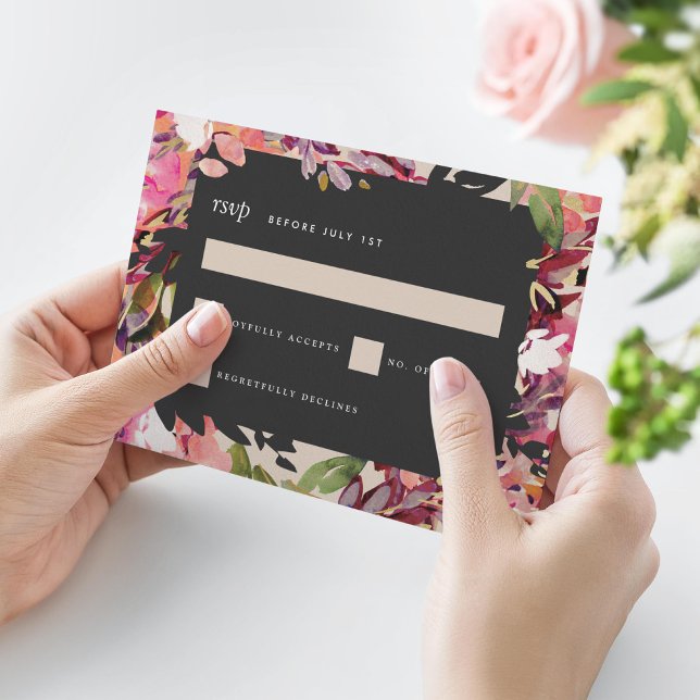 Cartão RSVP Casamento Dourado Rosa-Rosa-Quente-Buquê Romântico (Criador carregado)